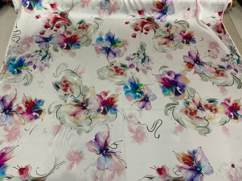 RIXHUA - 19 Momme Fantasy Flowers Pattern Digital Print Stretch Silk Satin Fabric - 140cm wide by the Yard
