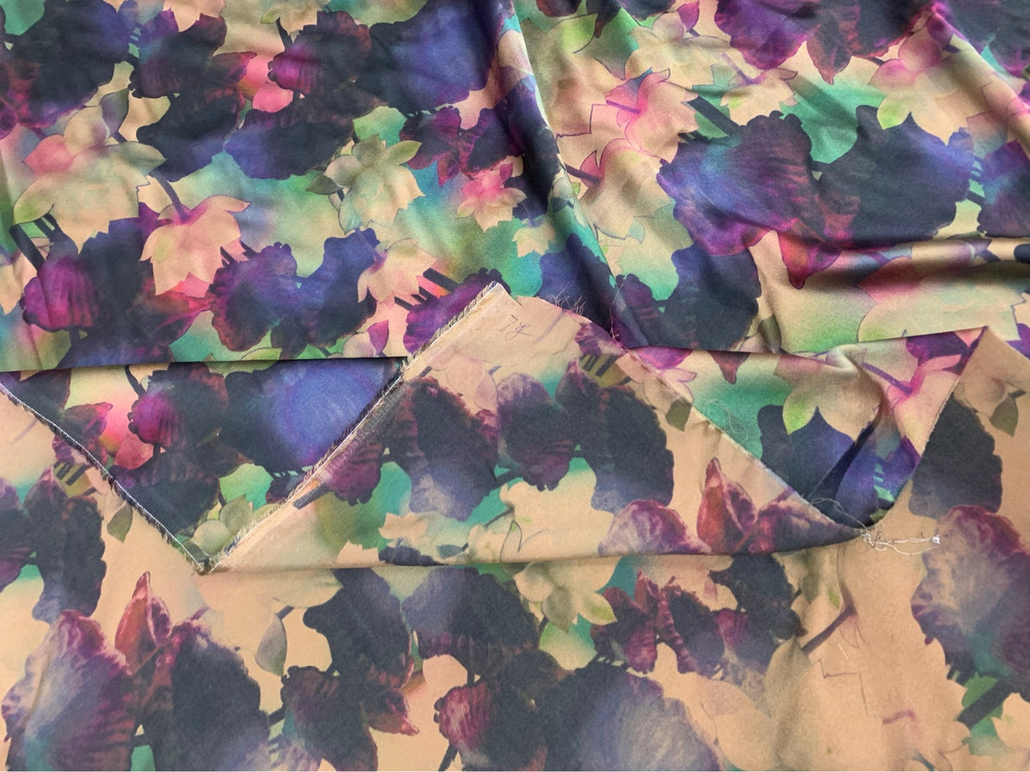 SENZFA - 19 Momme Dark Purple Flowers Pattern Digital Print Stretch Silk Satin Fabric - 108cm wide by the Yard