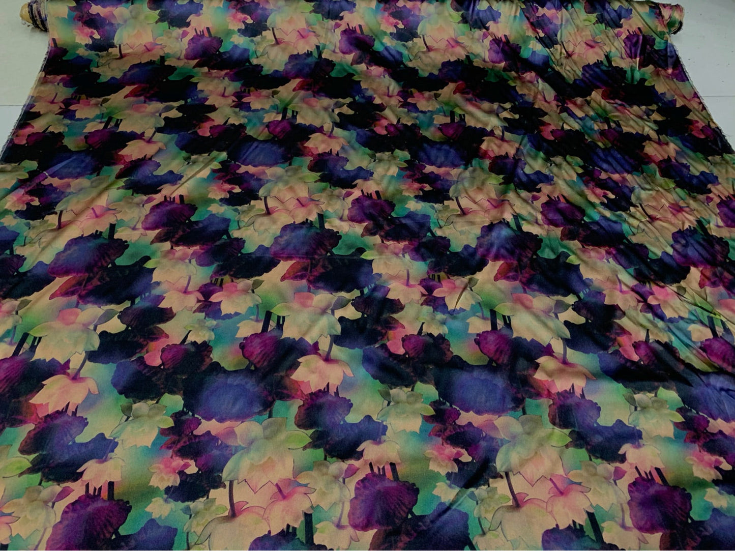 SENZFA - 19 Momme Dark Purple Flowers Pattern Digital Print Stretch Silk Satin Fabric - 108cm wide by the Yard