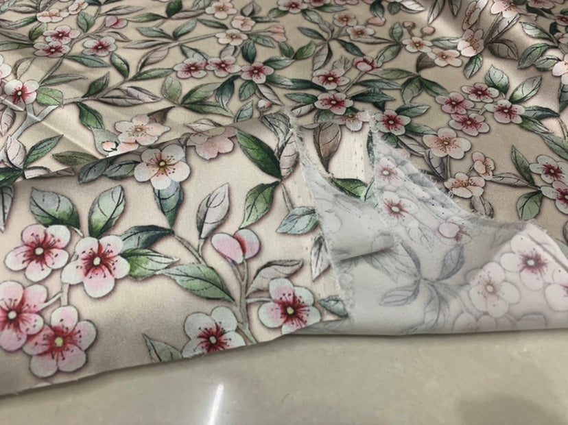 TIANOH - 19 Momme Pastoral Flowers Pattern Digital Print Stretch Silk Satin Fabric - 140cm wide by the Yard