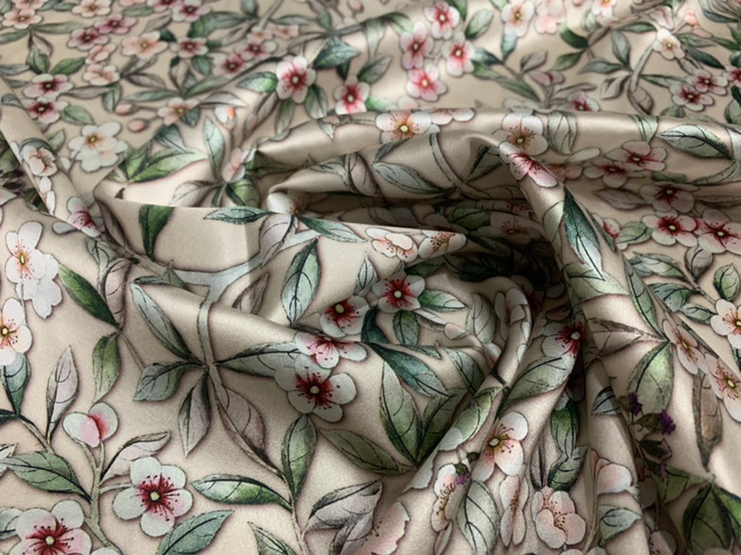 TIANOH - 19 Momme Pastoral Flowers Pattern Digital Print Stretch Silk Satin Fabric - 140cm wide by the Yard
