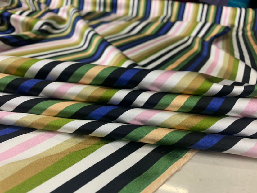 WUCSUT - 19 Momme Colorful Vertical Stripes Pattern Digital Print Stretch Silk Satin Fabric - 108cm wide by the Yard