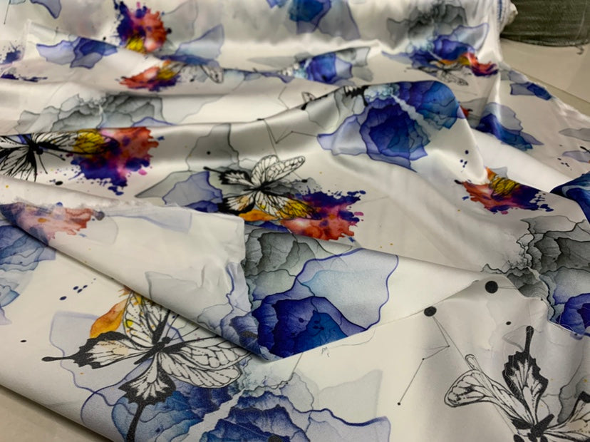 XINHUD - 19 Momme Butterfly Pattern Digital Print Stretch Silk Satin Fabric - 108cm wide by the Yard