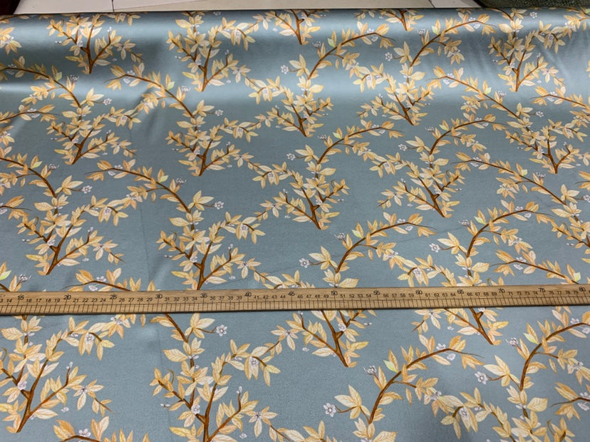 XINKAN - 19 Momme Mist Blue Background Flowers Pattern Digital Print Stretch Silk Satin Fabric - 140cm wide by the Yard