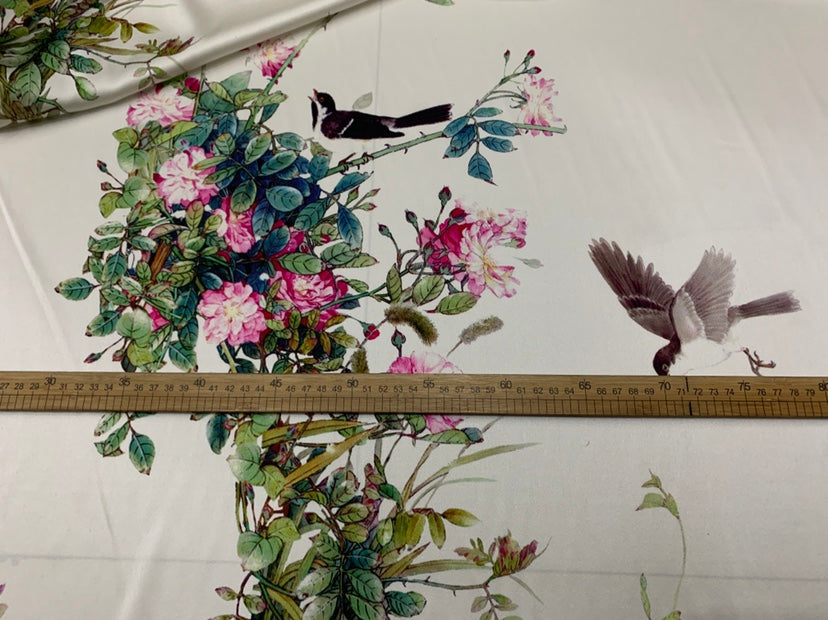 XQUZTO - 19 Momme Chinese Classical Style Magpie Branch Pattern Digital Print Stretch Silk Satin Fabric - 108cm wide by the Yard