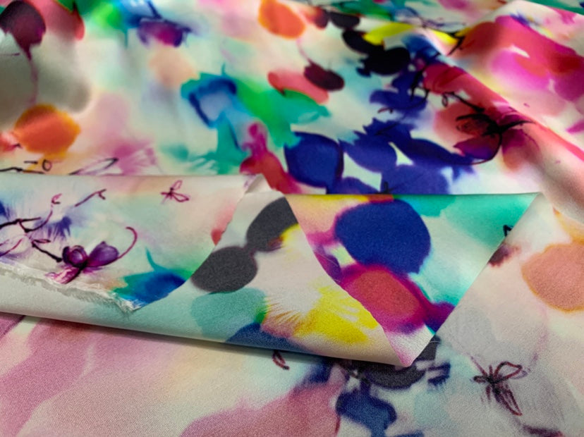 YANQID - 19 Momme Colorful Flowers Pattern Digital Print Stretch Silk Satin Fabric - 140cm wide by the Yard