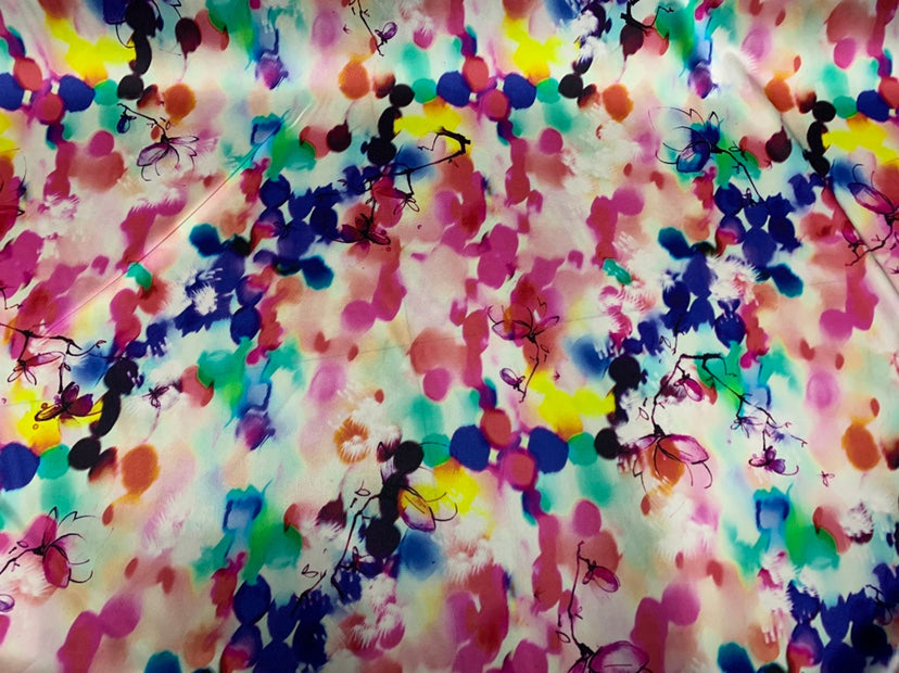 YANQID - 19 Momme Colorful Flowers Pattern Digital Print Stretch Silk Satin Fabric - 140cm wide by the Yard
