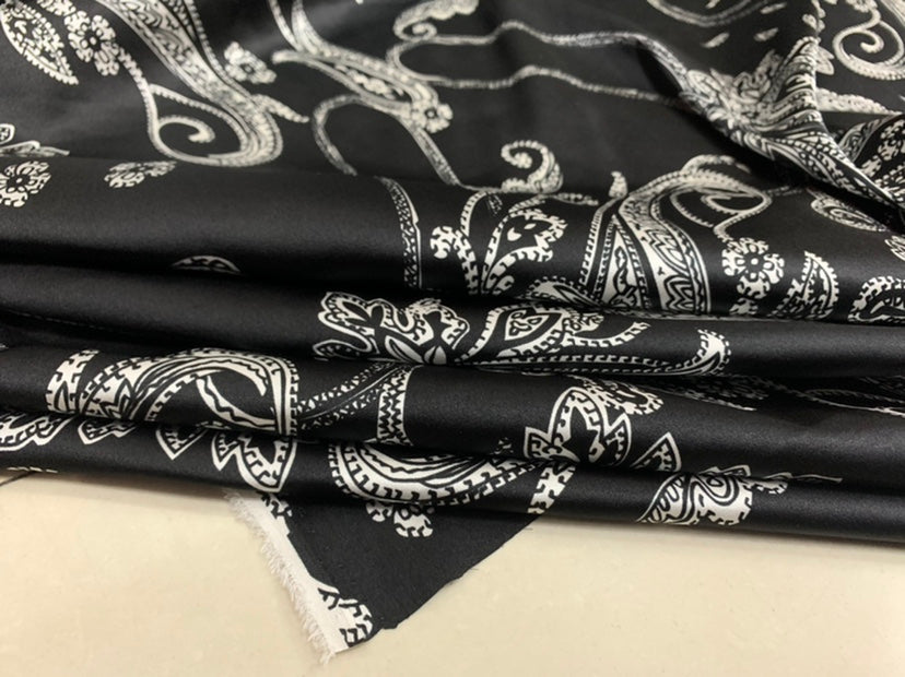 YAOGRU - 19 Momme Black Cashew Ruyi Flower Pattern Digital Print Stretch Silk Satin Fabric - 118cm wide by the Yard