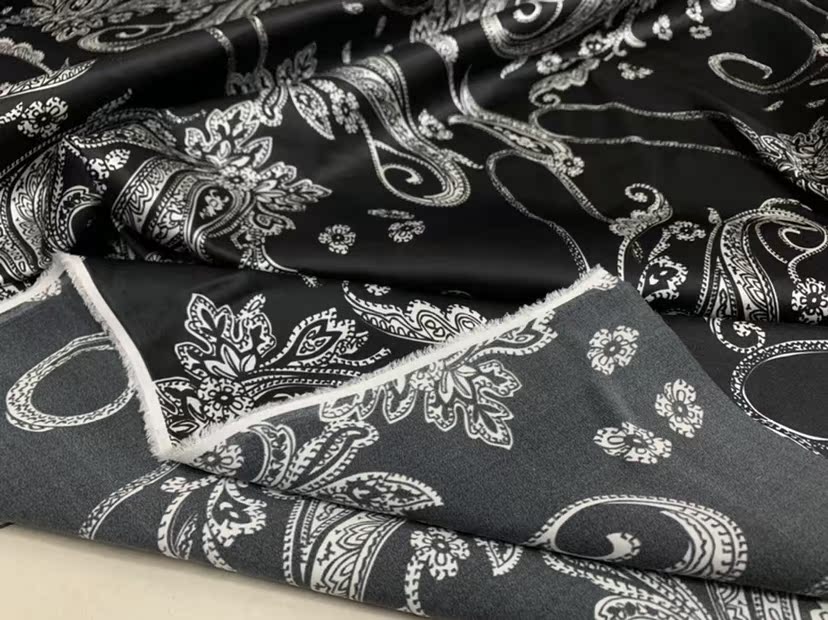 YAOGRU - 19 Momme Black Cashew Ruyi Flower Pattern Digital Print Stretch Silk Satin Fabric - 118cm wide by the Yard