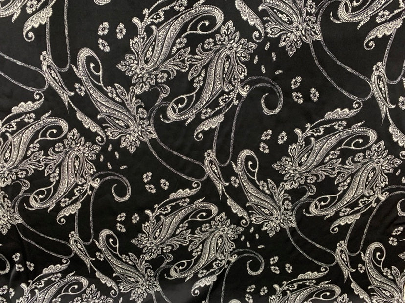 YAOGRU - 19 Momme Black Cashew Ruyi Flower Pattern Digital Print Stretch Silk Satin Fabric - 118cm wide by the Yard