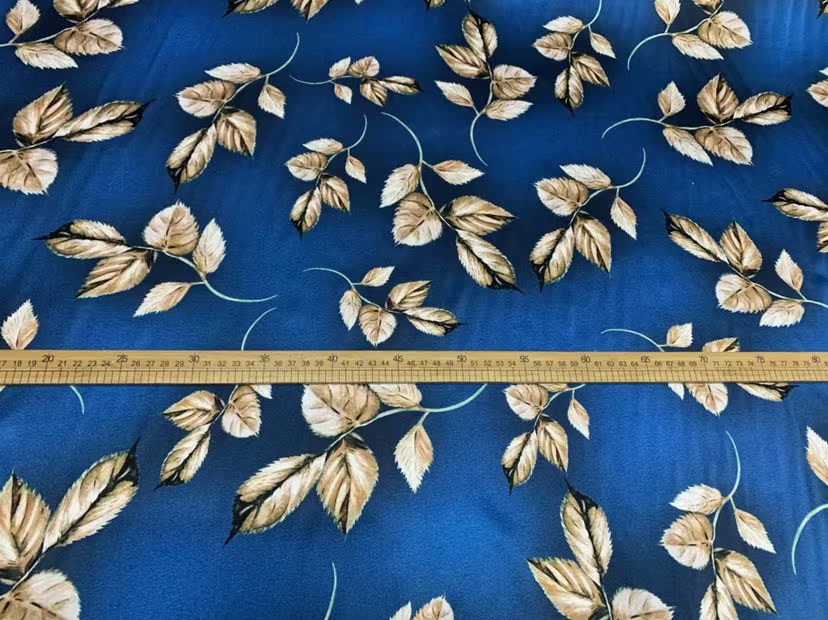 YOYANA - 19 Momme Noble and Elegant Blue Leaves Pattern Digital Print Stretch Silk Satin Fabric - 140cm wide by the Yard