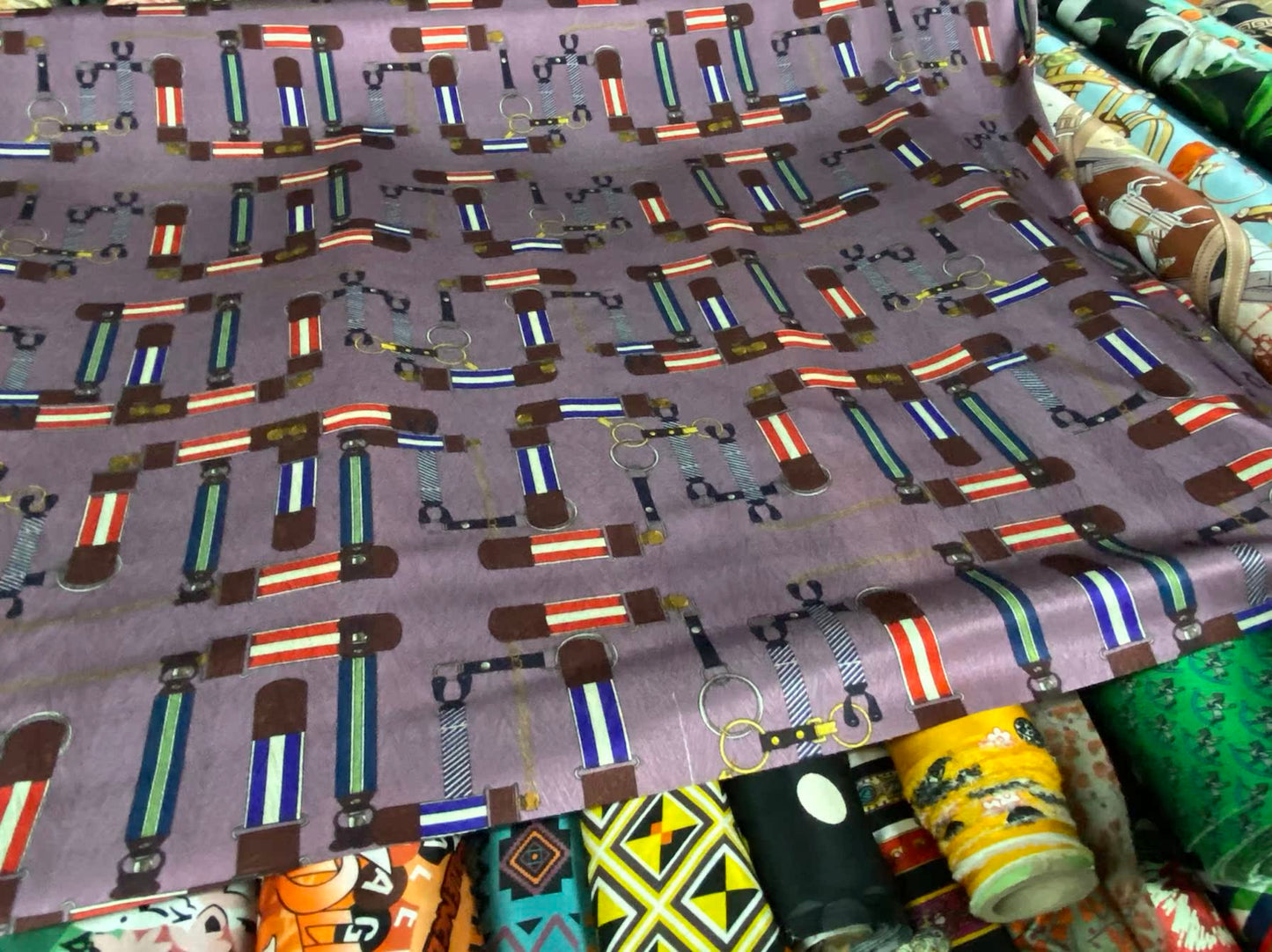 ZPIKOU - 22 Momme Purple Leather Buckle Pattern Digital Print Sangbo Stretch Silk Satin Fabric - 108cm wide by the Yard