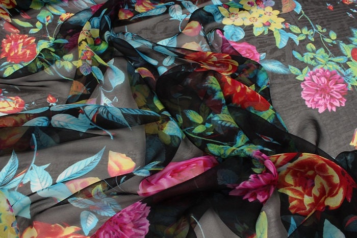 HUAXIANG - 8 momme Floral Print Red Silk Chiffon Fabric - 140cm wide by the Yard