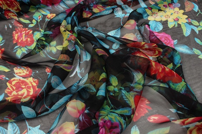 HUAXIANG - 8 momme Floral Print Red Silk Chiffon Fabric - 140cm wide by the Yard