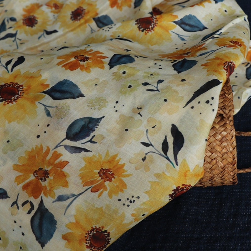 SHUICAIKUI Watercolor Sunflower Print Ramie Fabric By the Yard
