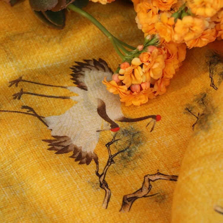 SONGHE - Pine Crane Printed Ramie Fabric-By the Yard