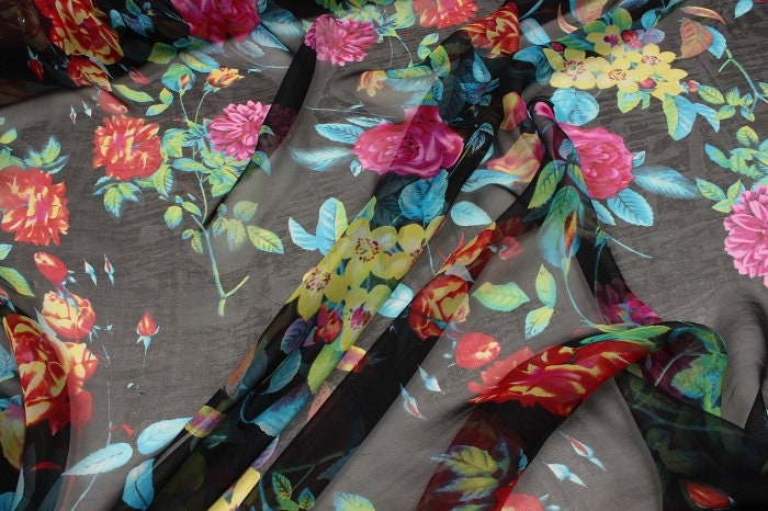 HUAXIANG - 8 momme Floral Print Red Silk Chiffon Fabric - 140cm wide by the Yard