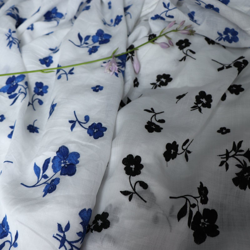 Beautiful Digital Printed Ramie fabric,Embroidered flowers,55"/140cm 100% Ramie fabric, for dresses, shirts. blouse, by the yard