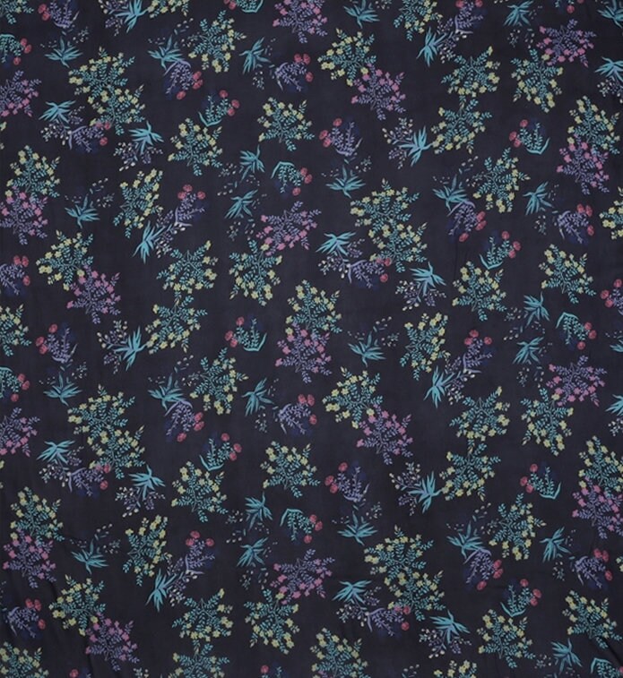 XIAOHUA - 12 Momme Floral Print on Dark Blue Silk Georgette Fabric 138cm by the Yard