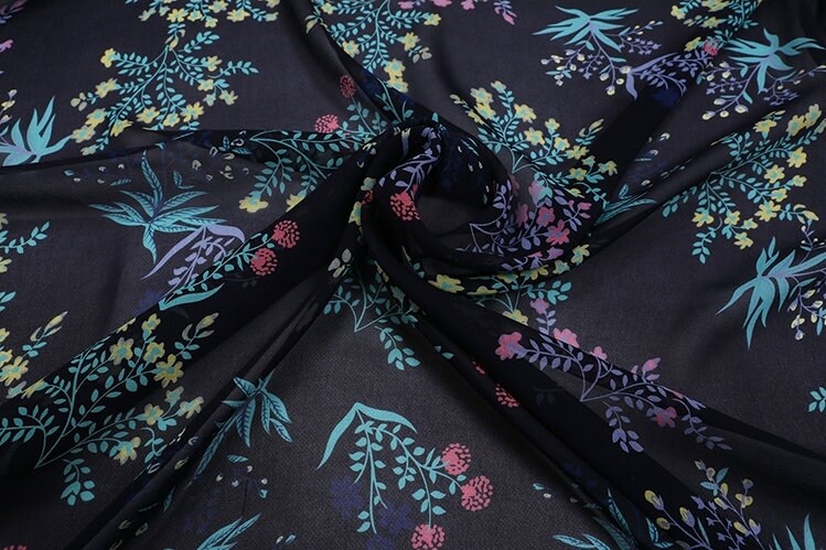 XIAOHUA - 12 Momme Floral Print on Dark Blue Silk Georgette Fabric 138cm by the Yard