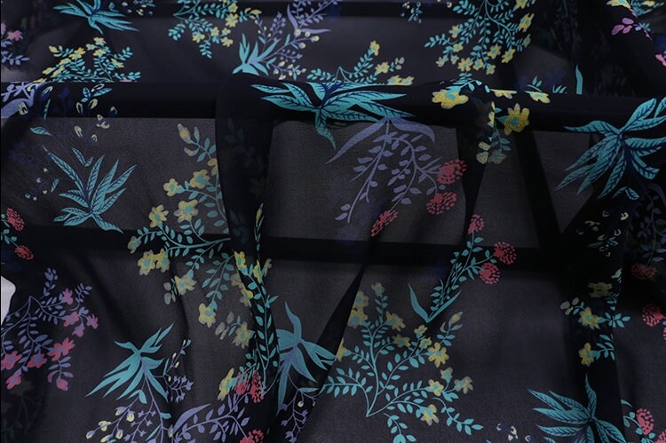 XIAOHUA - 12 Momme Floral Print on Dark Blue Silk Georgette Fabric 138cm by the Yard