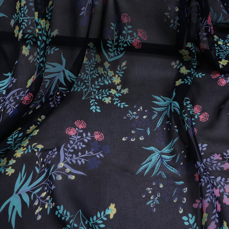 XIAOHUA - 12 Momme Floral Print on Dark Blue Silk Georgette Fabric 138cm by the Yard