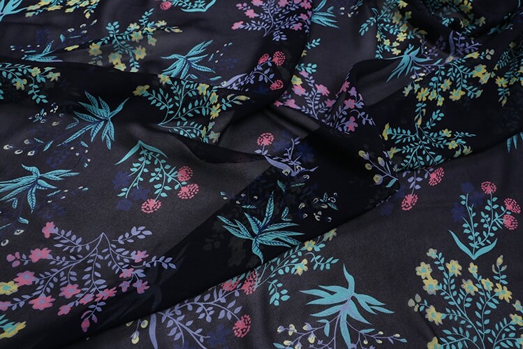 XIAOHUA - 12 Momme Floral Print on Dark Blue Silk Georgette Fabric 138cm by the Yard