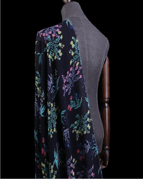 XIAOHUA - 12 Momme Floral Print on Dark Blue Silk Georgette Fabric 138cm by the Yard