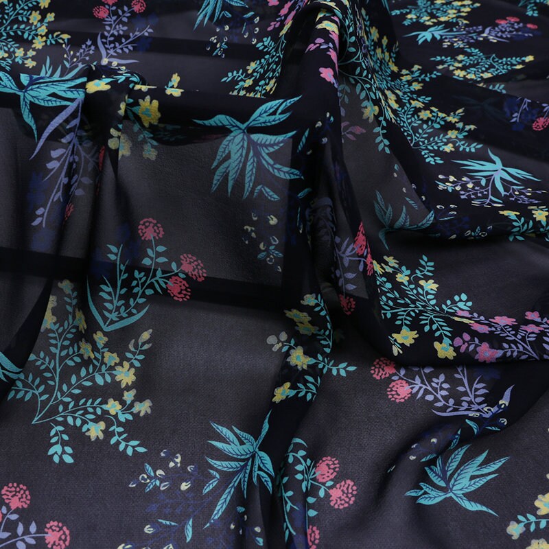 XIAOHUA - 12 Momme Floral Print on Dark Blue Silk Georgette Fabric 138cm by the Yard