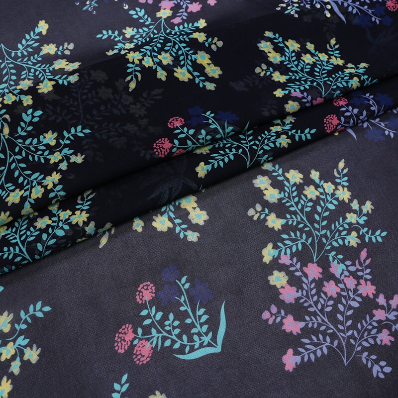 XIAOHUA - 12 Momme Floral Print on Dark Blue Silk Georgette Fabric 138cm by the Yard