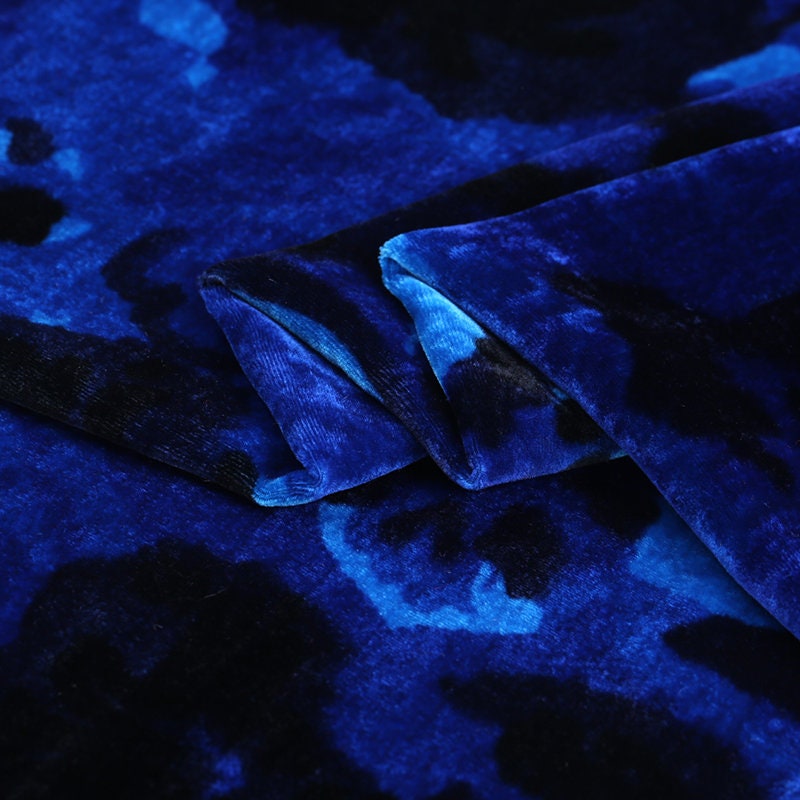YAOMU - Blue and Black Printing Floral Silk Velvet Fabric - 114cm wide by the Yard