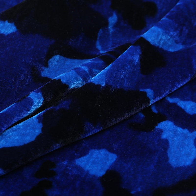 YAOMU - Blue and Black Printing Floral Silk Velvet Fabric - 114cm wide by the Yard