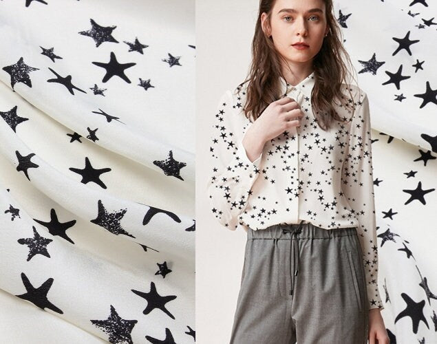 WUJIAOXIN - 16 Momme Little Star Print Silk Crepe de Chine Fabric - 138cm wide by the Yard