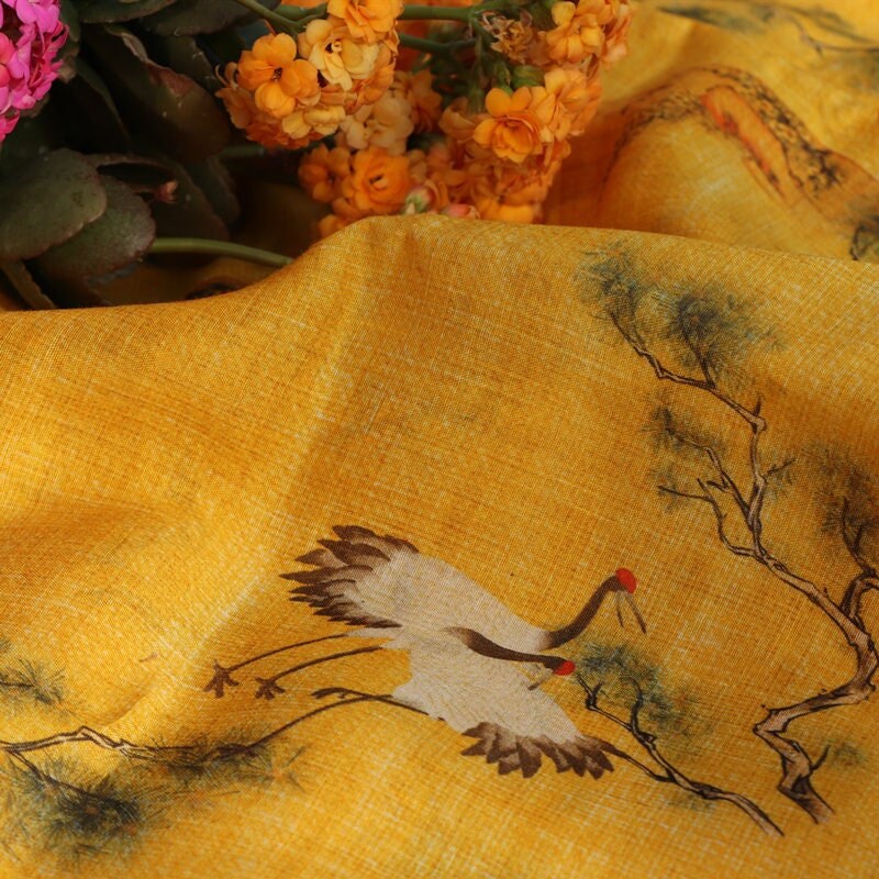 SONGHE - Pine Crane Printed Ramie Fabric-By the Yard