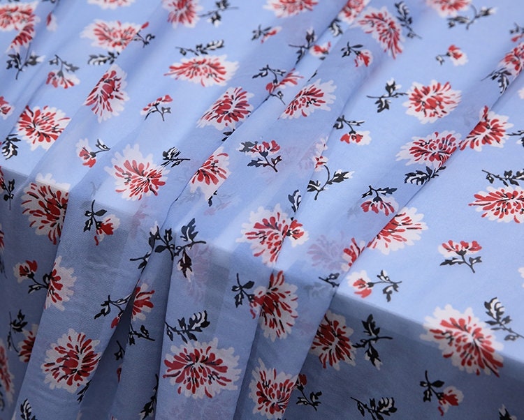 XUERHUA - 10 Momme Red Floral on Cool Blue Silk Georgette Fabric 138cm by the Yard
