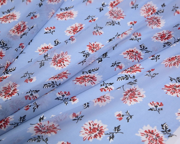 XUERHUA - 10 Momme Red Floral on Cool Blue Silk Georgette Fabric 138cm by the Yard