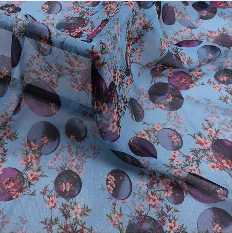 YUEYUAN - 8 Momme Floral Print 2 colors Silk Georgette Fabric - 135cm wide by the Yard