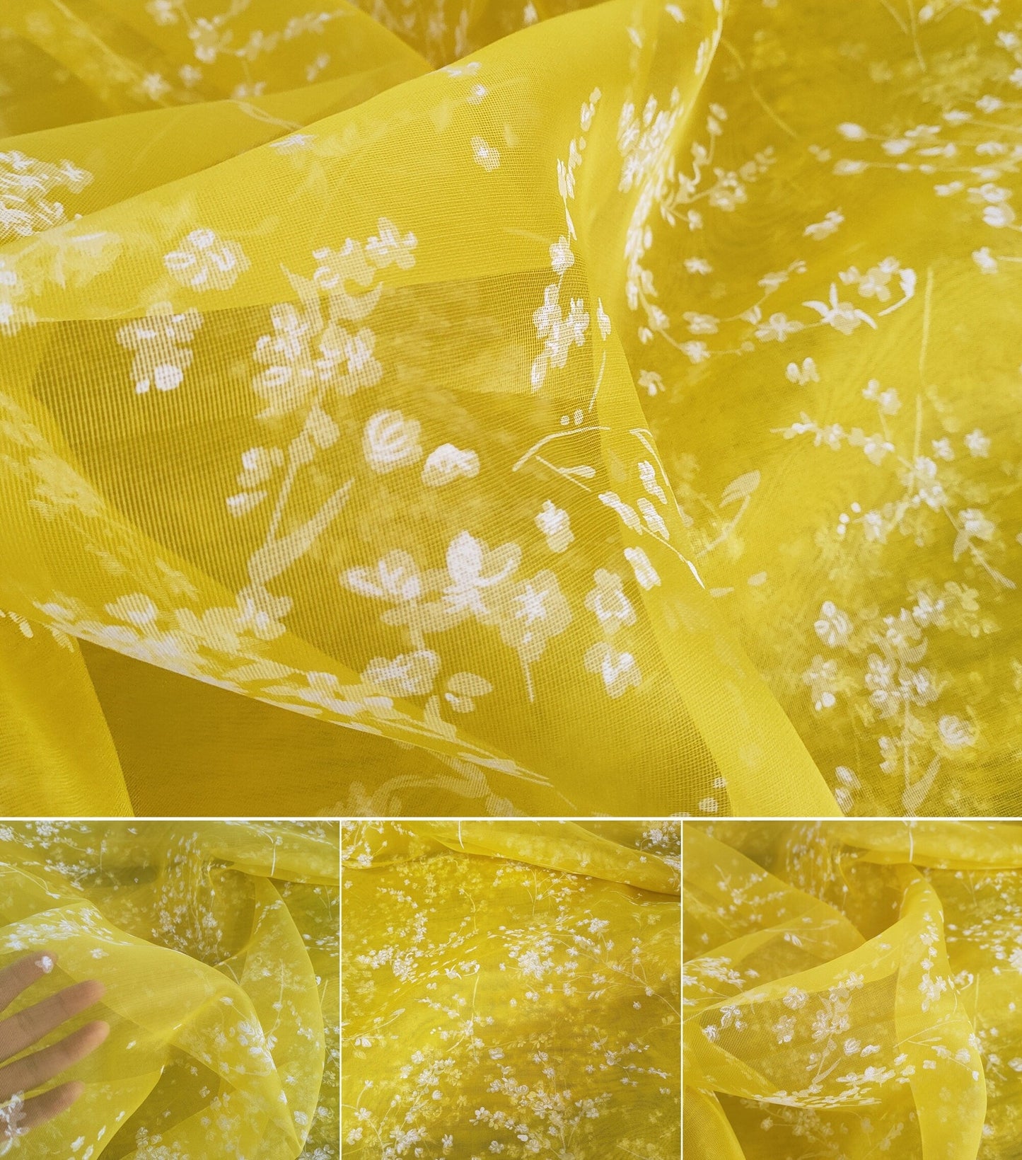 Floral Print Stiff Structured Grid Cloth Silk Organza Fabric - By the Yard