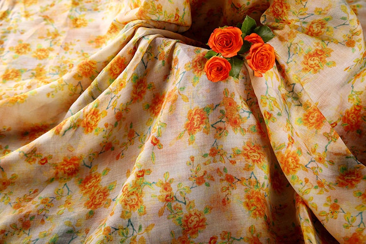 YANGGUANG Vintage Style Floral Printed Ramie fabric for Summer Dresses By the Yard