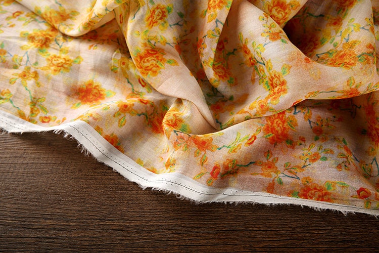 YANGGUANG Vintage Style Floral Printed Ramie fabric for Summer Dresses By the Yard