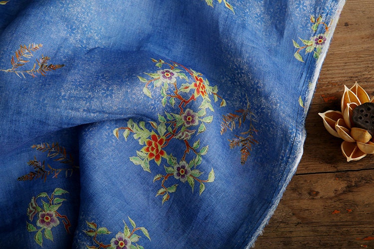BAILING Vintage Style Floral Printed Ramie fabric for Summer Dresses By the Yard