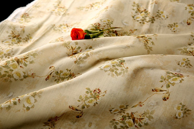 BAINIAO - Vintage Style Floral Printed 42 Thread Count Ramie Fabric - 140cm wide by the Yard