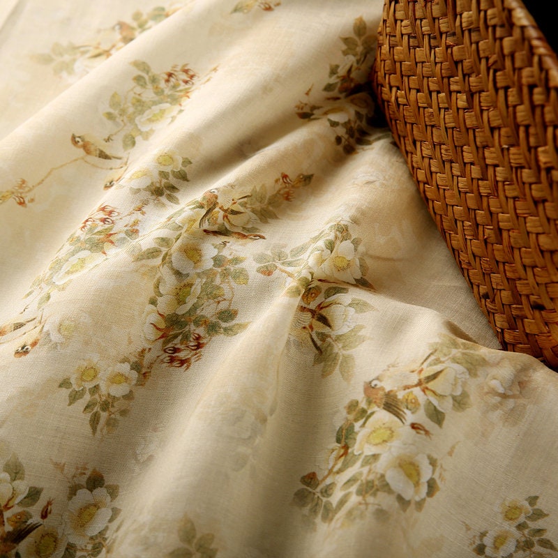 BAINIAO - Vintage Style Floral Printed 42 Thread Count Ramie Fabric - 140cm wide by the Yard