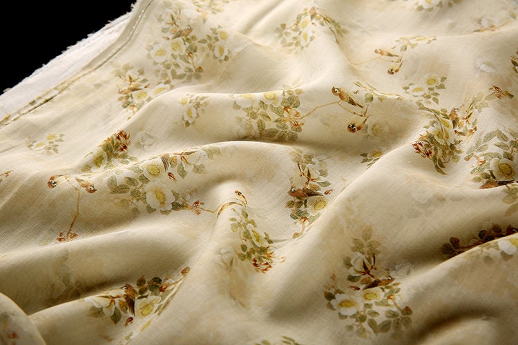 BAINIAO - Vintage Style Floral Printed 42 Thread Count Ramie Fabric - 140cm wide by the Yard
