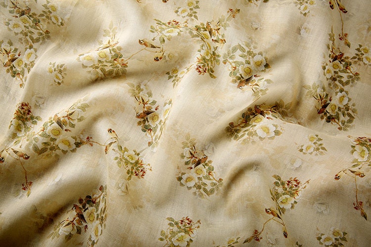 BAINIAO - Vintage Style Floral Printed 42 Thread Count Ramie Fabric - 140cm wide by the Yard