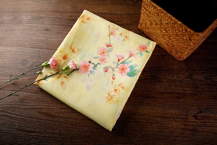 MEIHUA Peach Blossom Floral Printed Yellow Ramie Fabric By the Yard