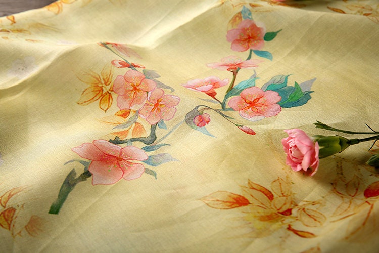 MEIHUA Peach Blossom Floral Printed Yellow Ramie Fabric By the Yard