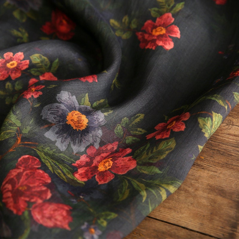 SHIYI - Printed Red Floral Black Ramie Fabric - 140cm wide by the Yard