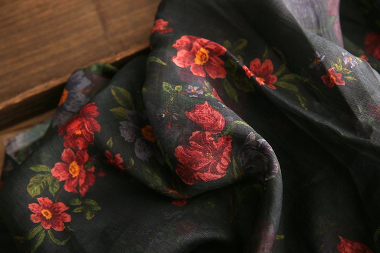 SHIYI - Printed Red Floral Black Ramie Fabric - 140cm wide by the Yard