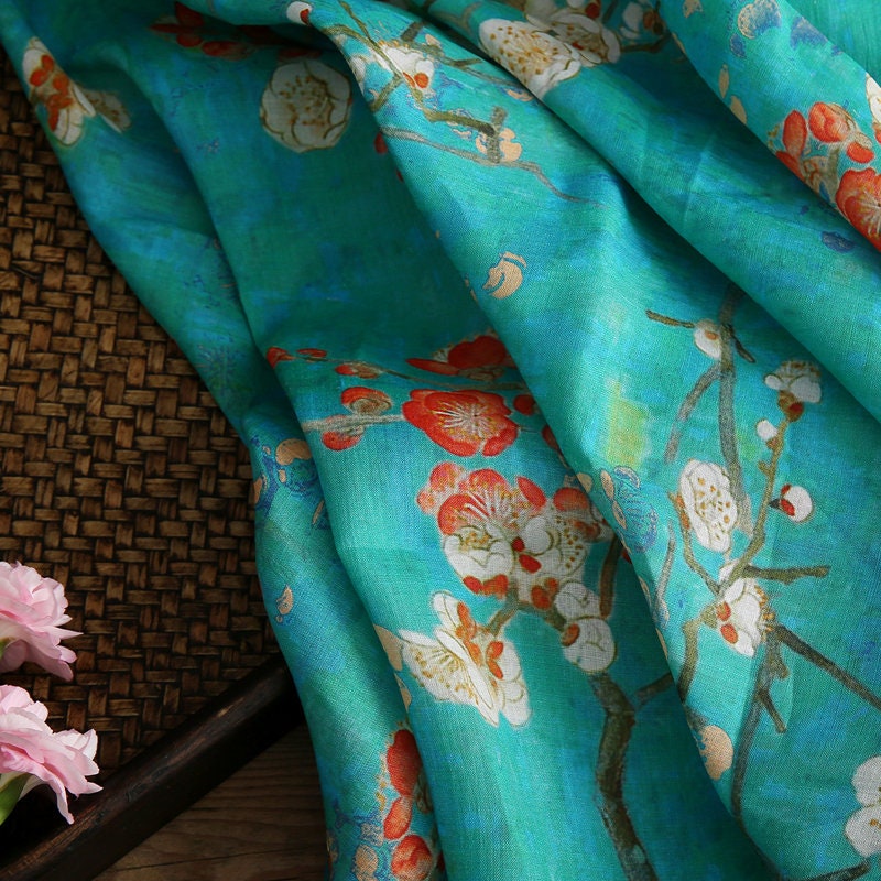 LANMEI Wintersweet Floral Printed Blue Ramie fabric By the Yard